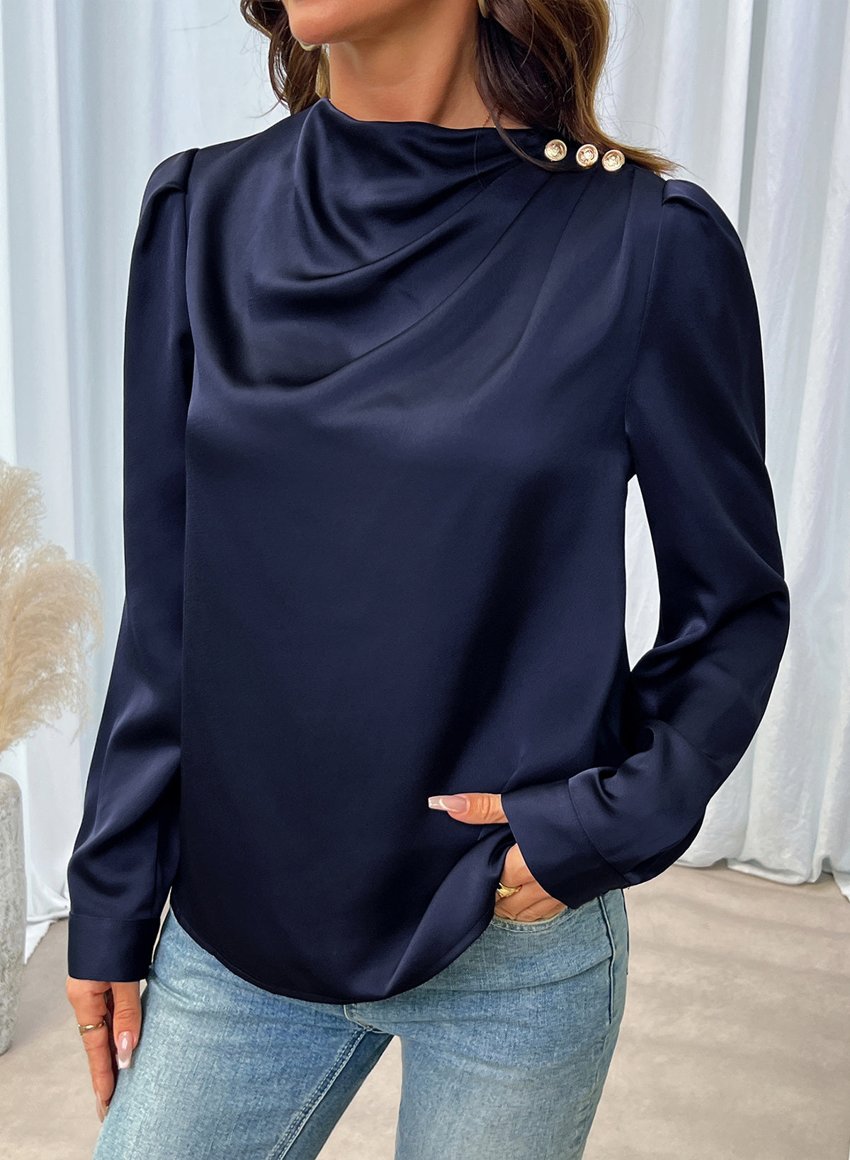 Dokotoo Womens Satin Blouses Dressy Casual Long Sleeve Mock Neck Tops Shirts