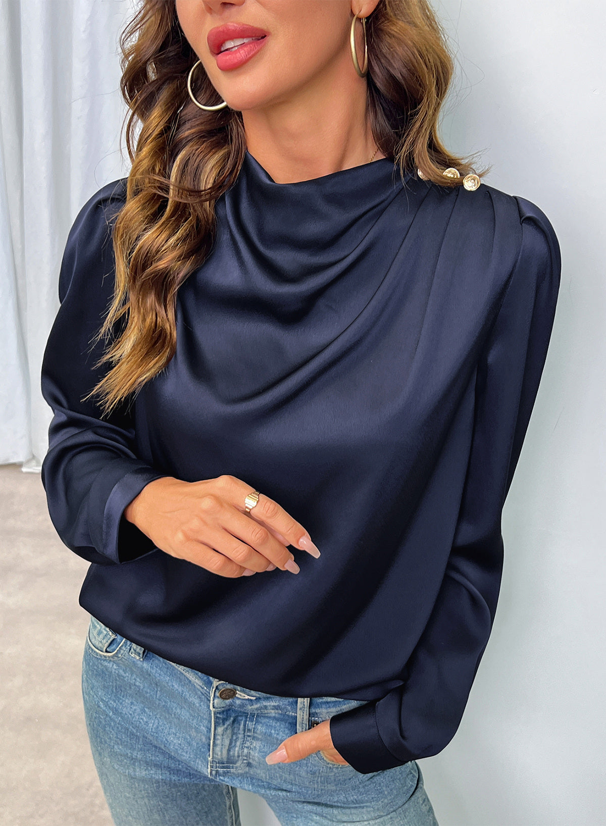 Dokotoo Womens Satin Blouses Dressy Casual Long Sleeve Mock Neck Tops Shirts