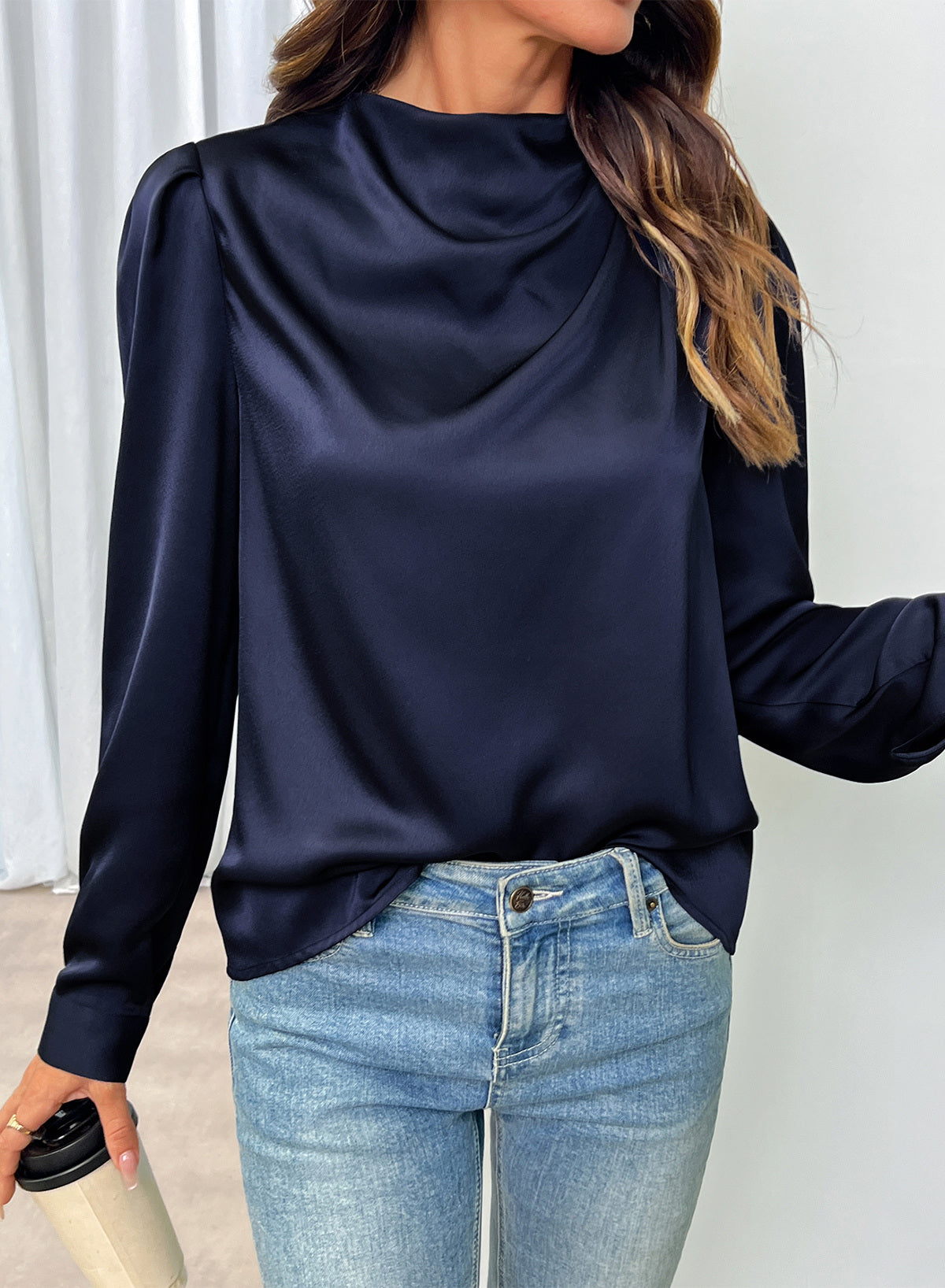 Dokotoo Womens Satin Blouses Dressy Casual Long Sleeve Mock Neck Tops Shirts