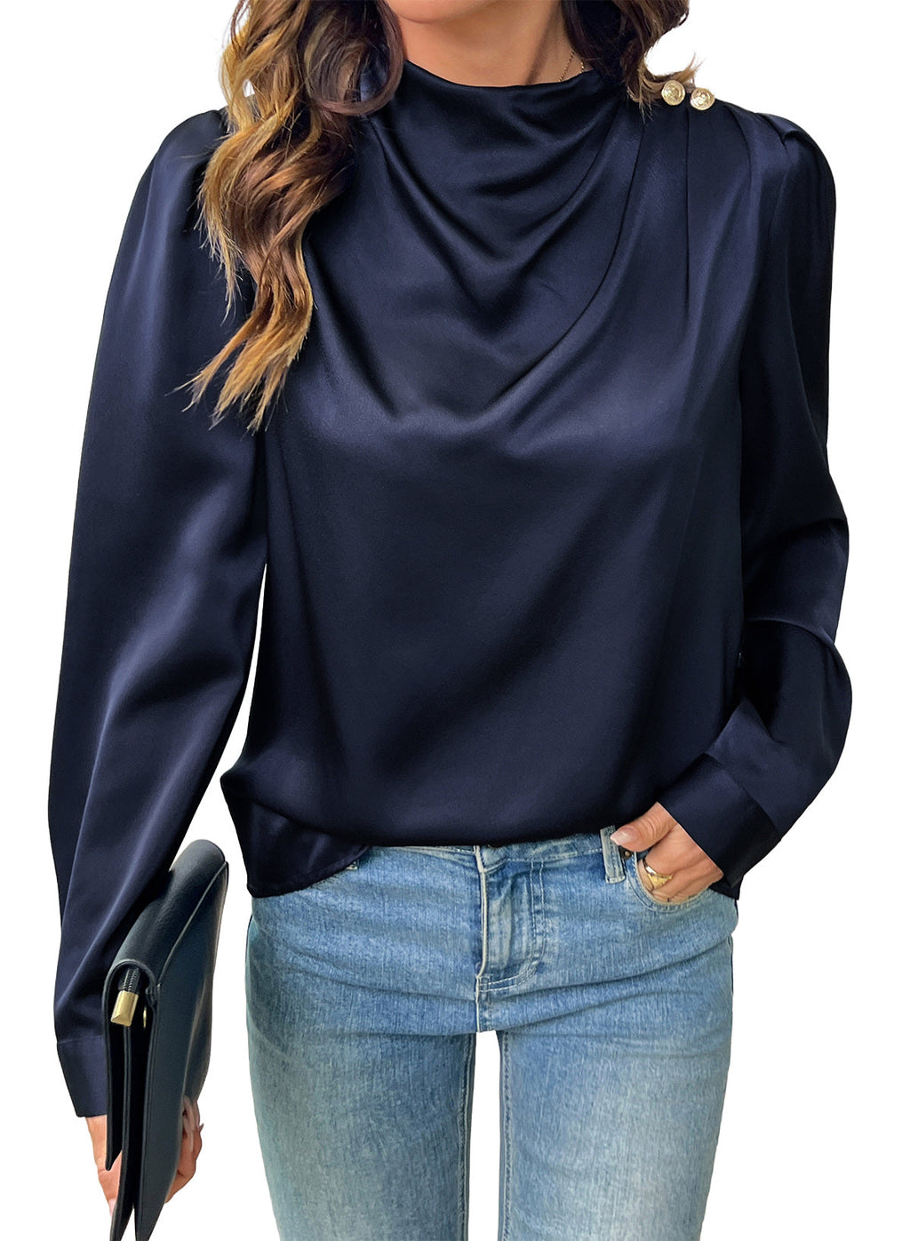Dokotoo Womens Satin Blouses Dressy Casual Long Sleeve Mock Neck Tops Shirts