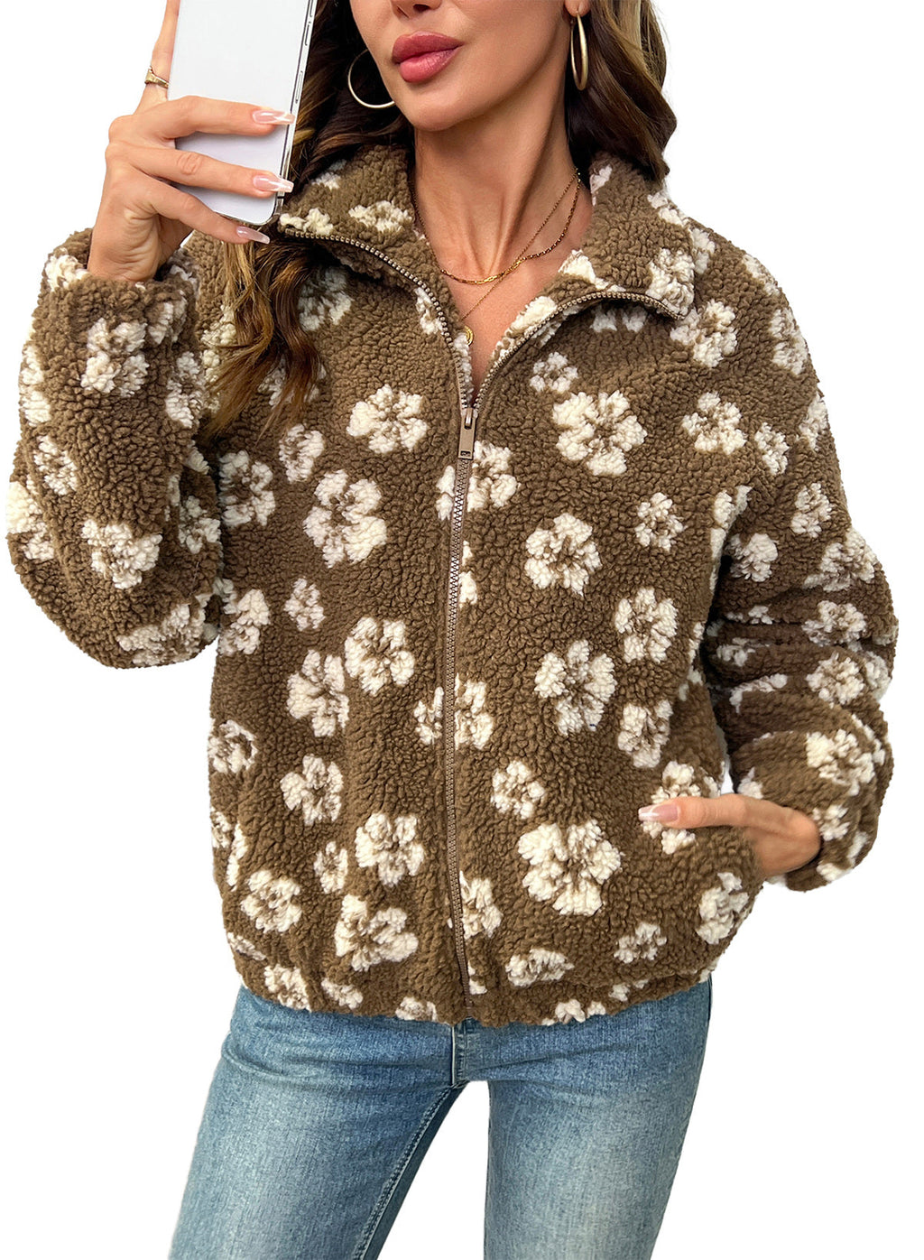 Zip Front Floral Sherpa Fleece Jacket