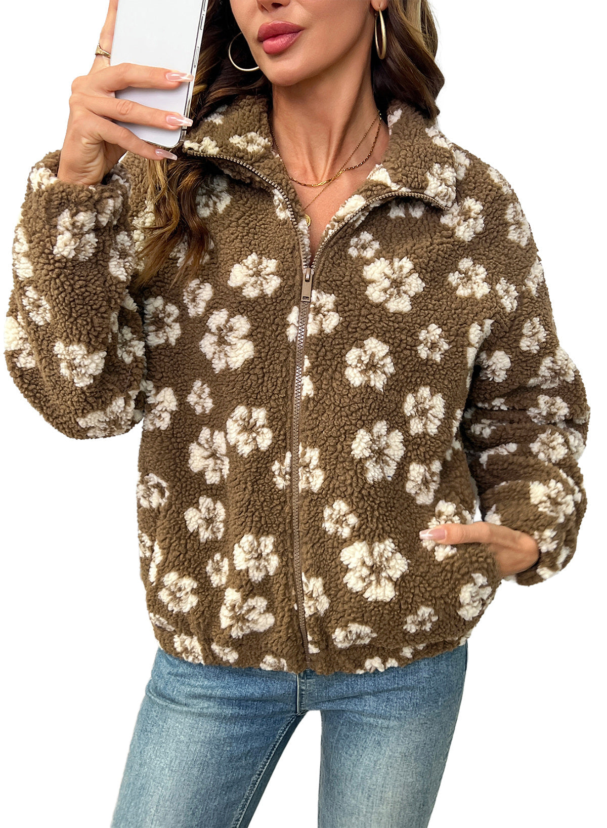 Zip Front Floral Sherpa Fleece Jacket