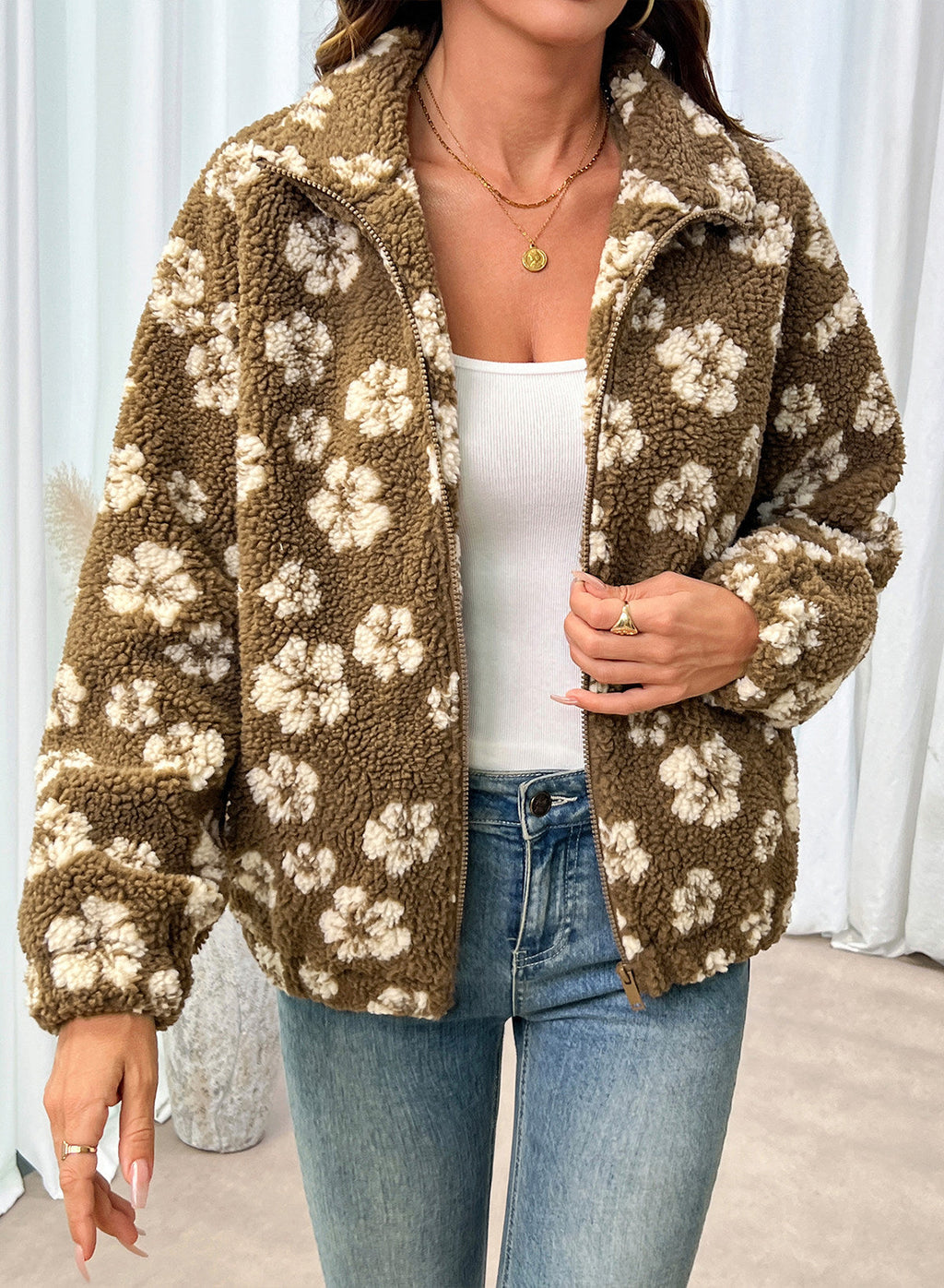 Zip Front Floral Sherpa Fleece Jacket