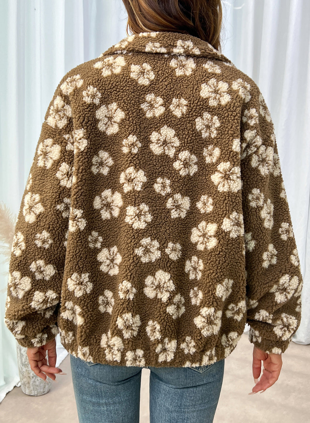 Zip Front Floral Sherpa Fleece Jacket