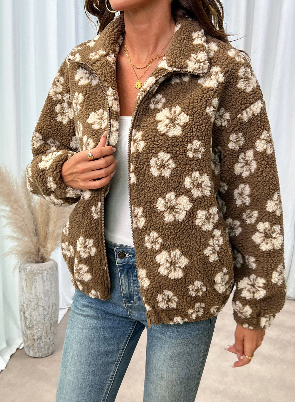 Zip Front Floral Sherpa Fleece Jacket