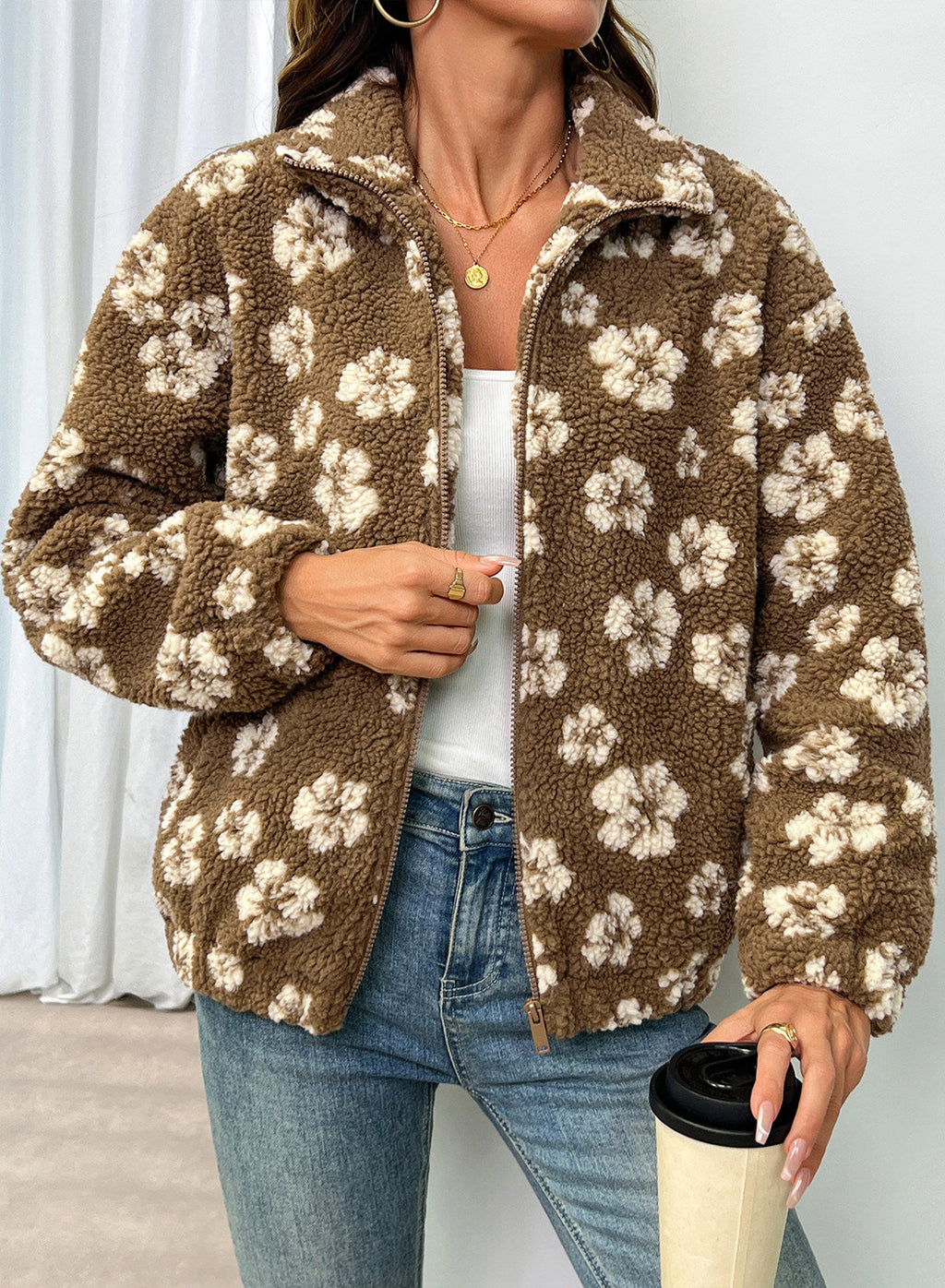 Zip Front Floral Sherpa Fleece Jacket