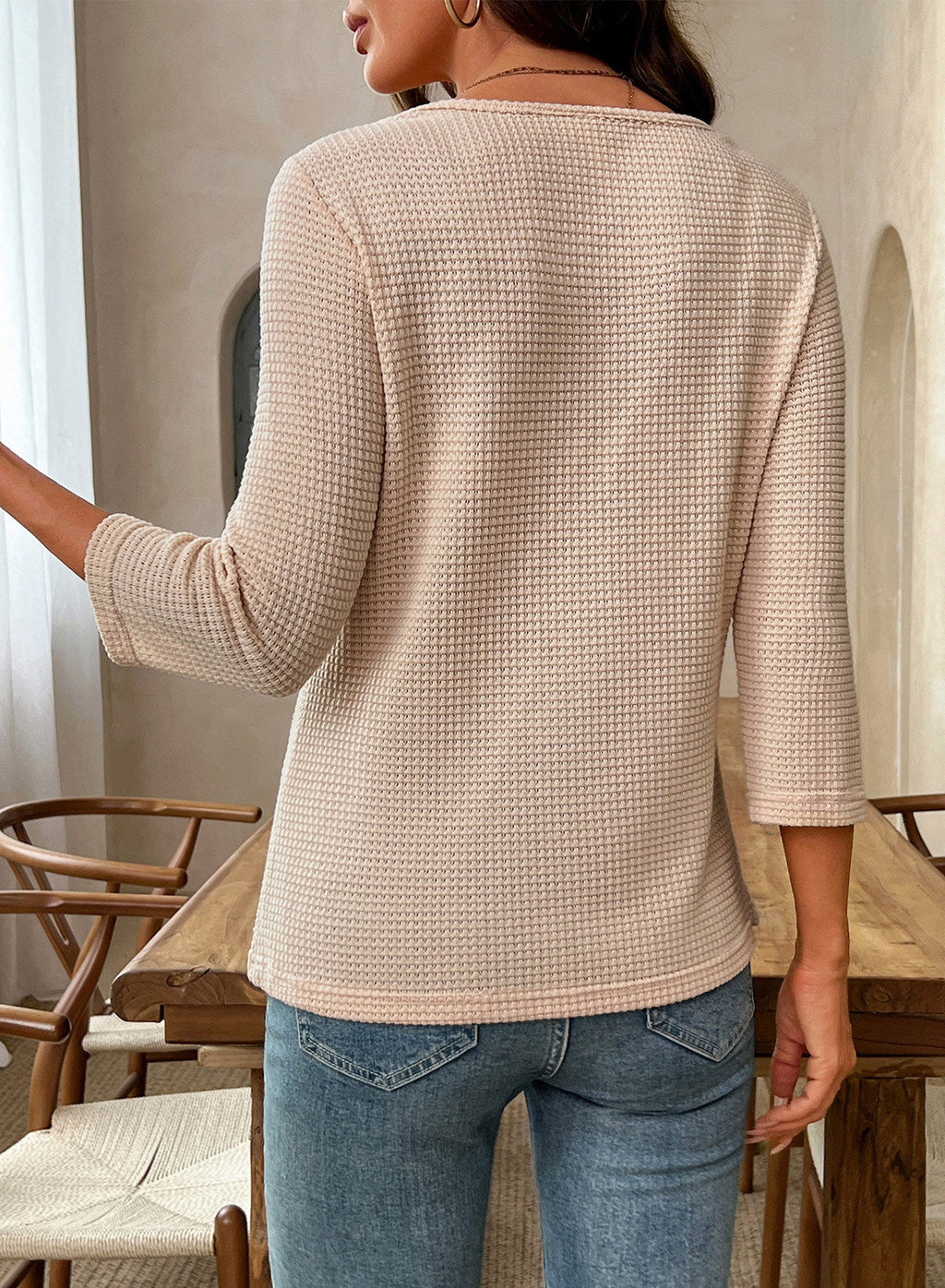 Women Casual Waffle Lace Splice 3/4 Sleeve Tops
