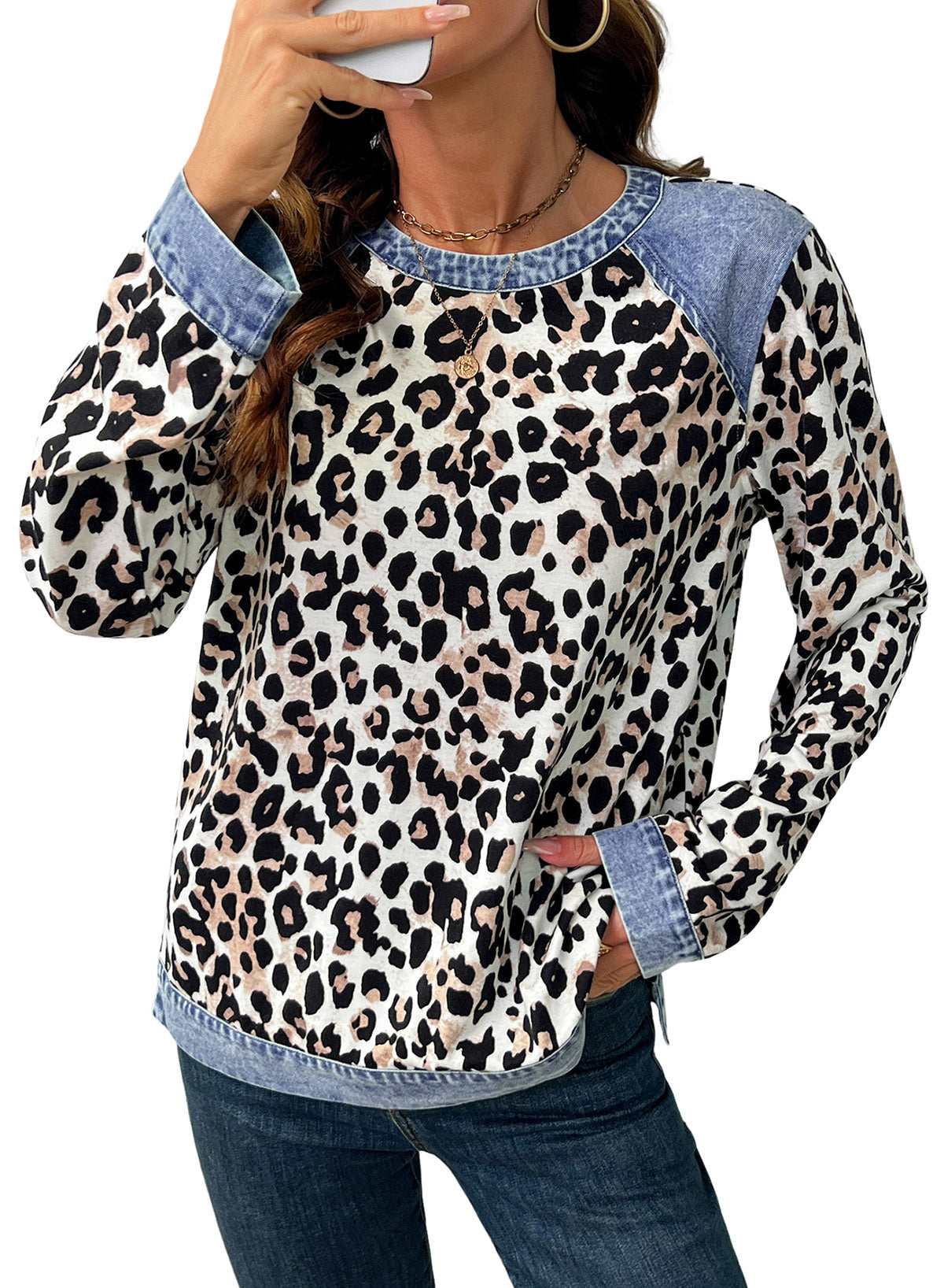 Women's Patchwork Patch Round Neck Long Sleeve Casual Loose T-Shirt