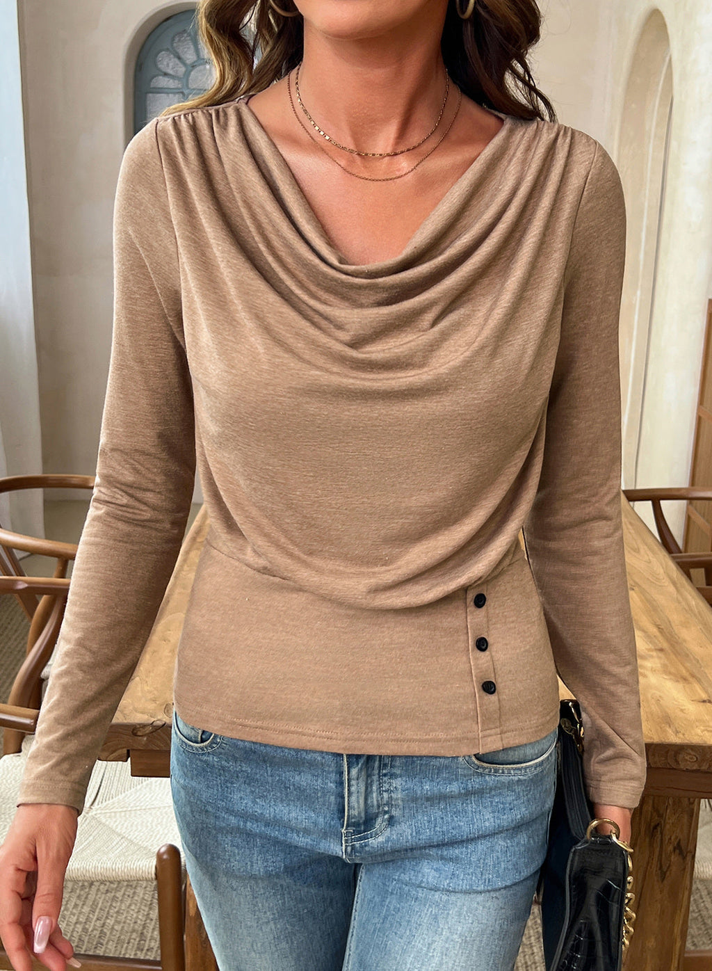 Women's Cowl Neck Long Sleeve Shirts Dressy Tops