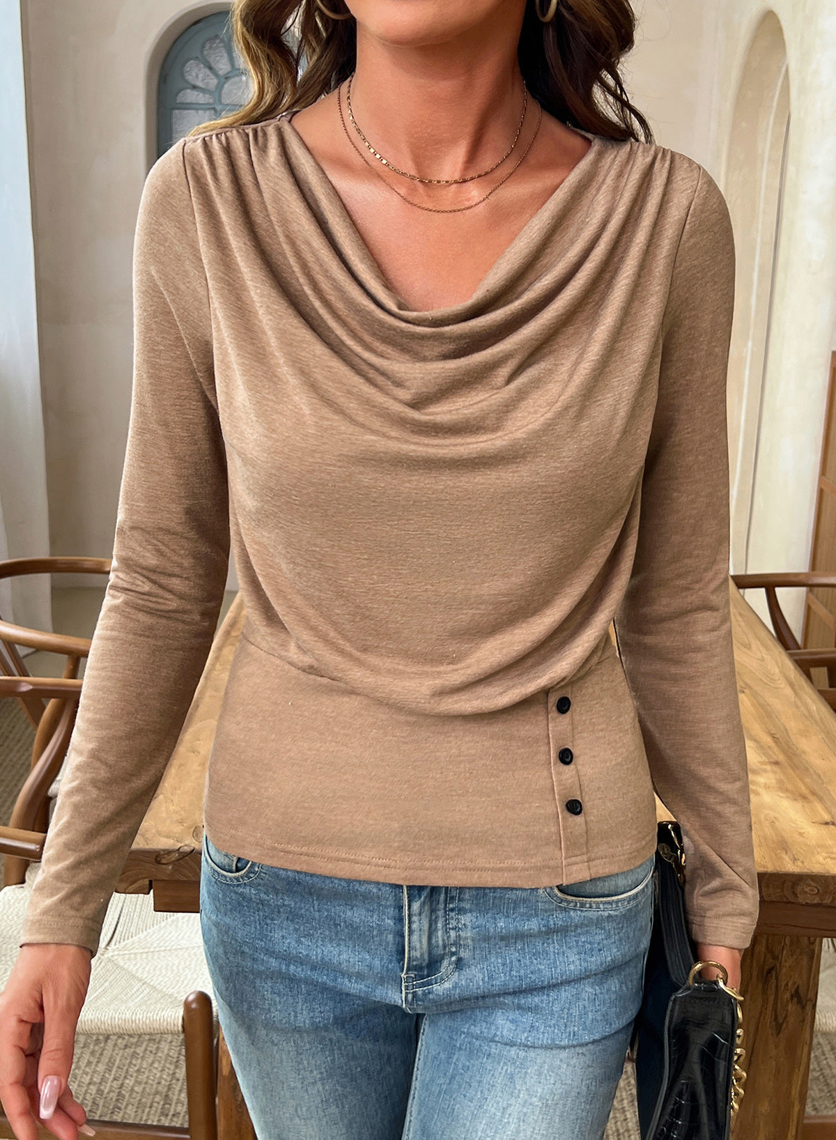 Women's Cowl Neck Long Sleeve Shirts Dressy Tops