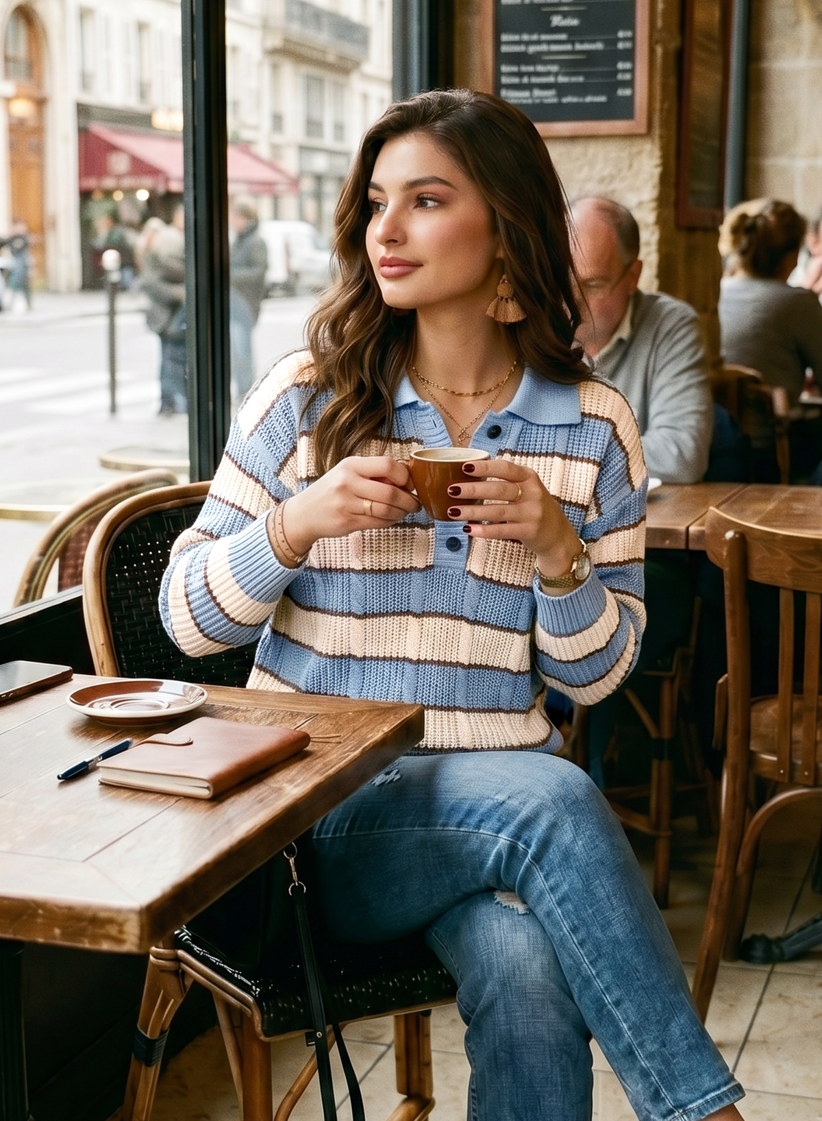 Dokotoo Sweaters for Women Long Sleeve Striped Color Block Button Polo Lapel Collar Cable Knit Casual Pullover Sweater Tops