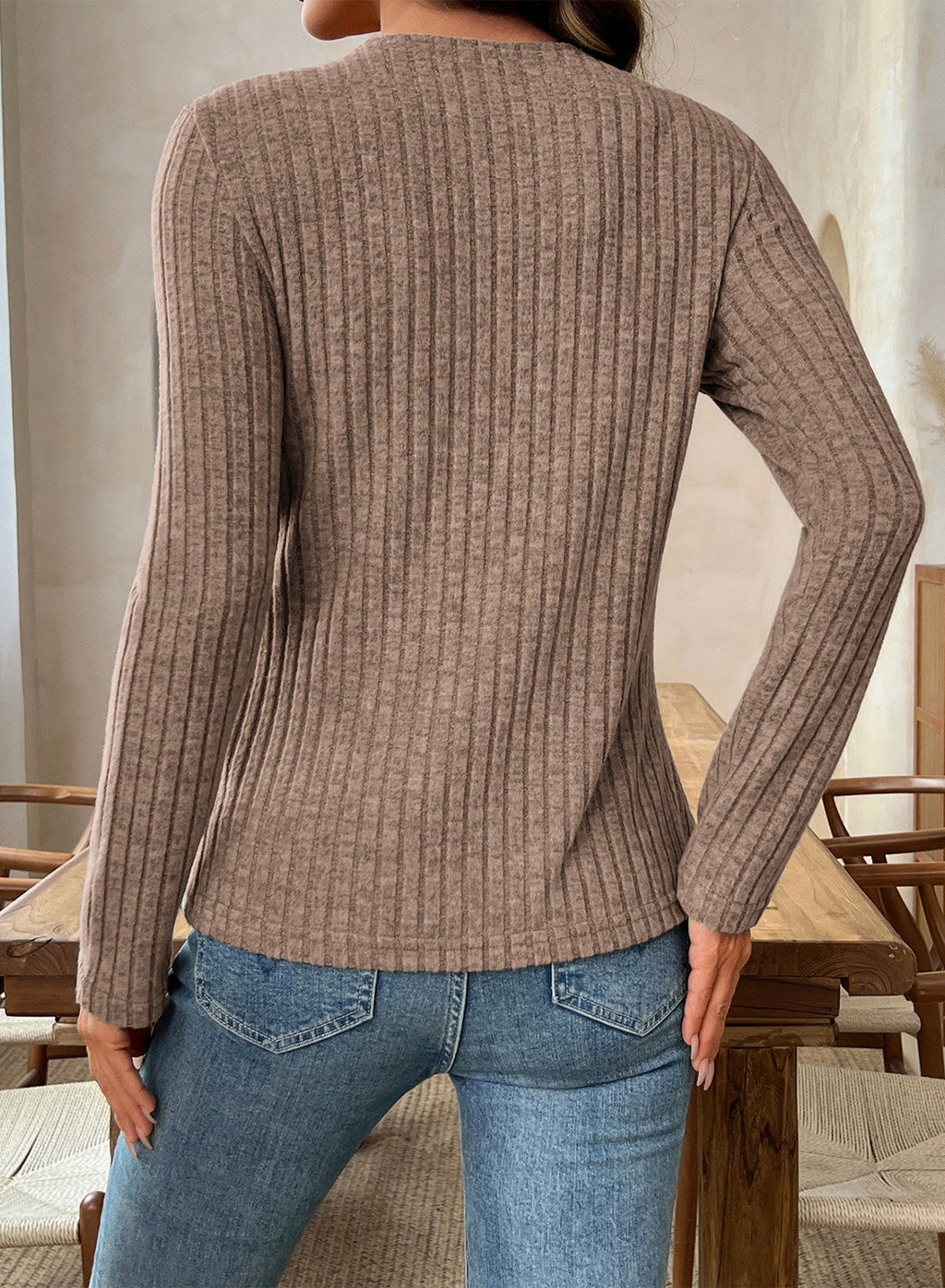 Solid Color Ribbed Knit Cowl Neck Sweater