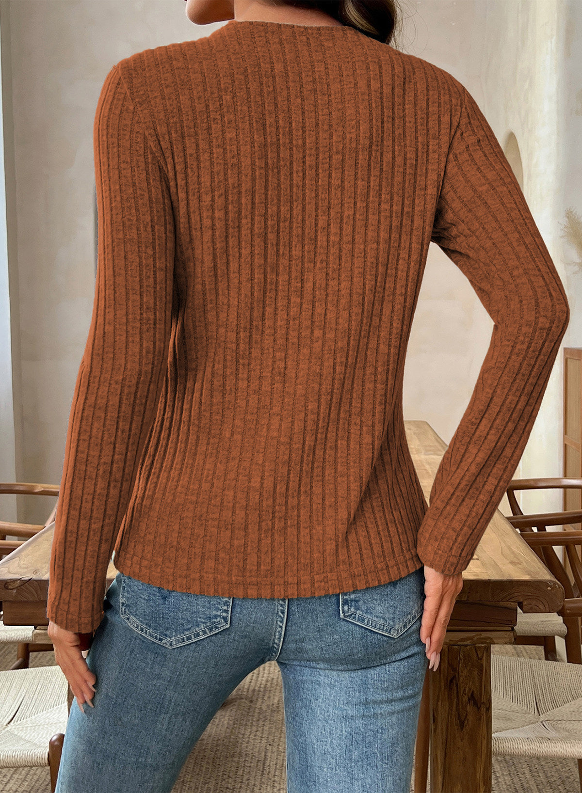 Solid Color Ribbed Knit Cowl Neck Sweater