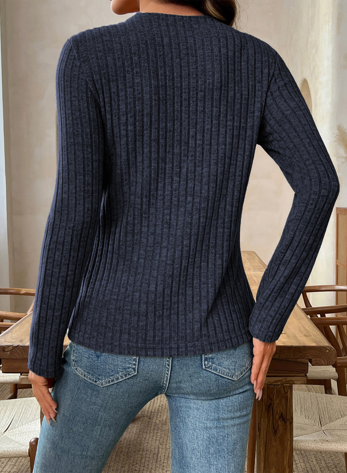 Solid Color Ribbed Knit Cowl Neck Sweater