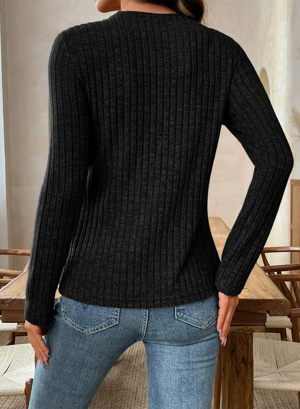 Solid Color Ribbed Knit Cowl Neck Sweater