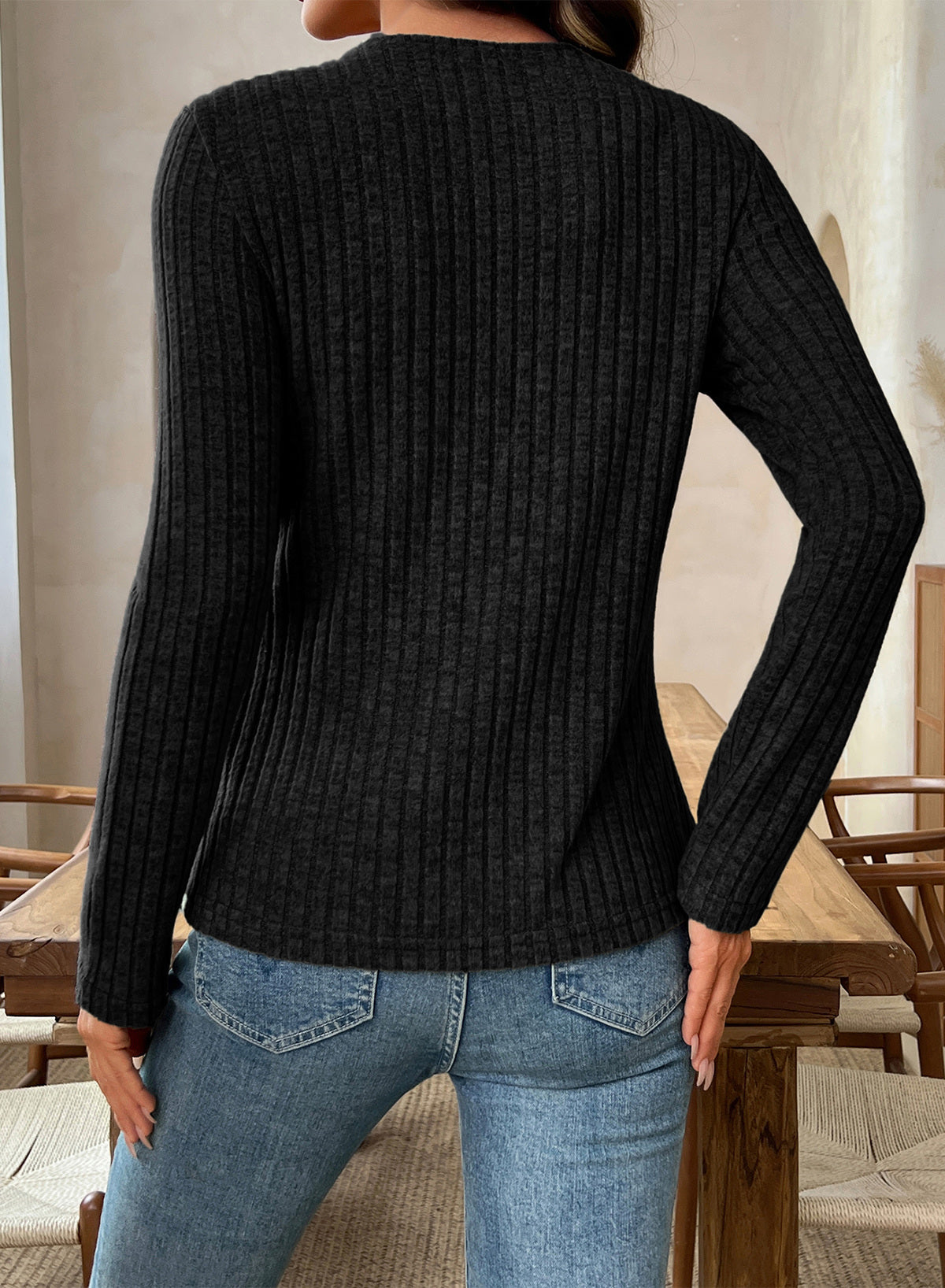 Solid Color Ribbed Knit Cowl Neck Sweater
