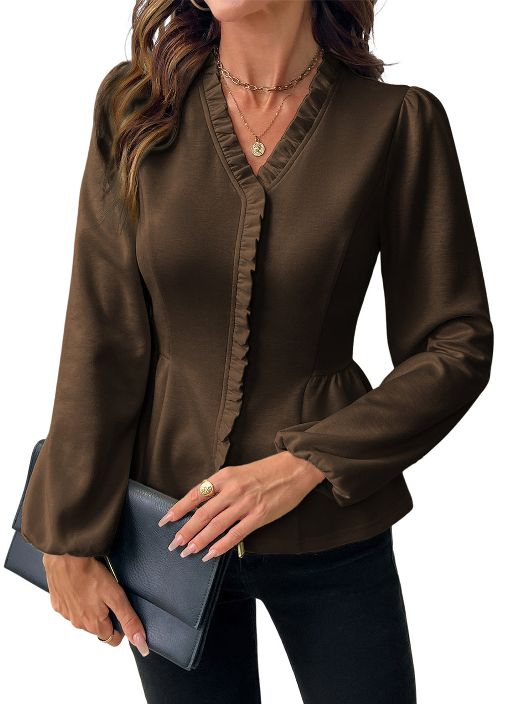 Womens Tops Ruffle Trim V Neck Peplum Babydoll Long Sleeve Shirts
