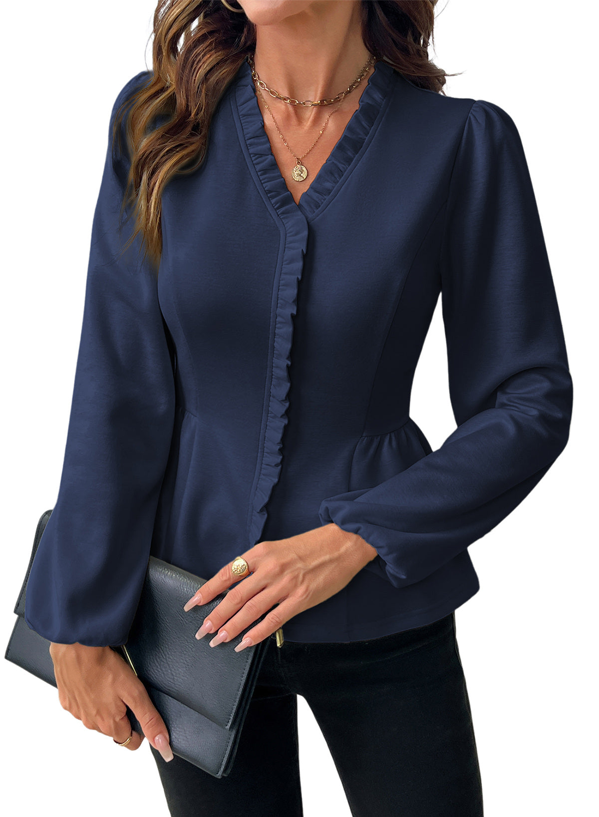 Womens Tops Ruffle Trim V Neck Peplum Babydoll Long Sleeve Shirts