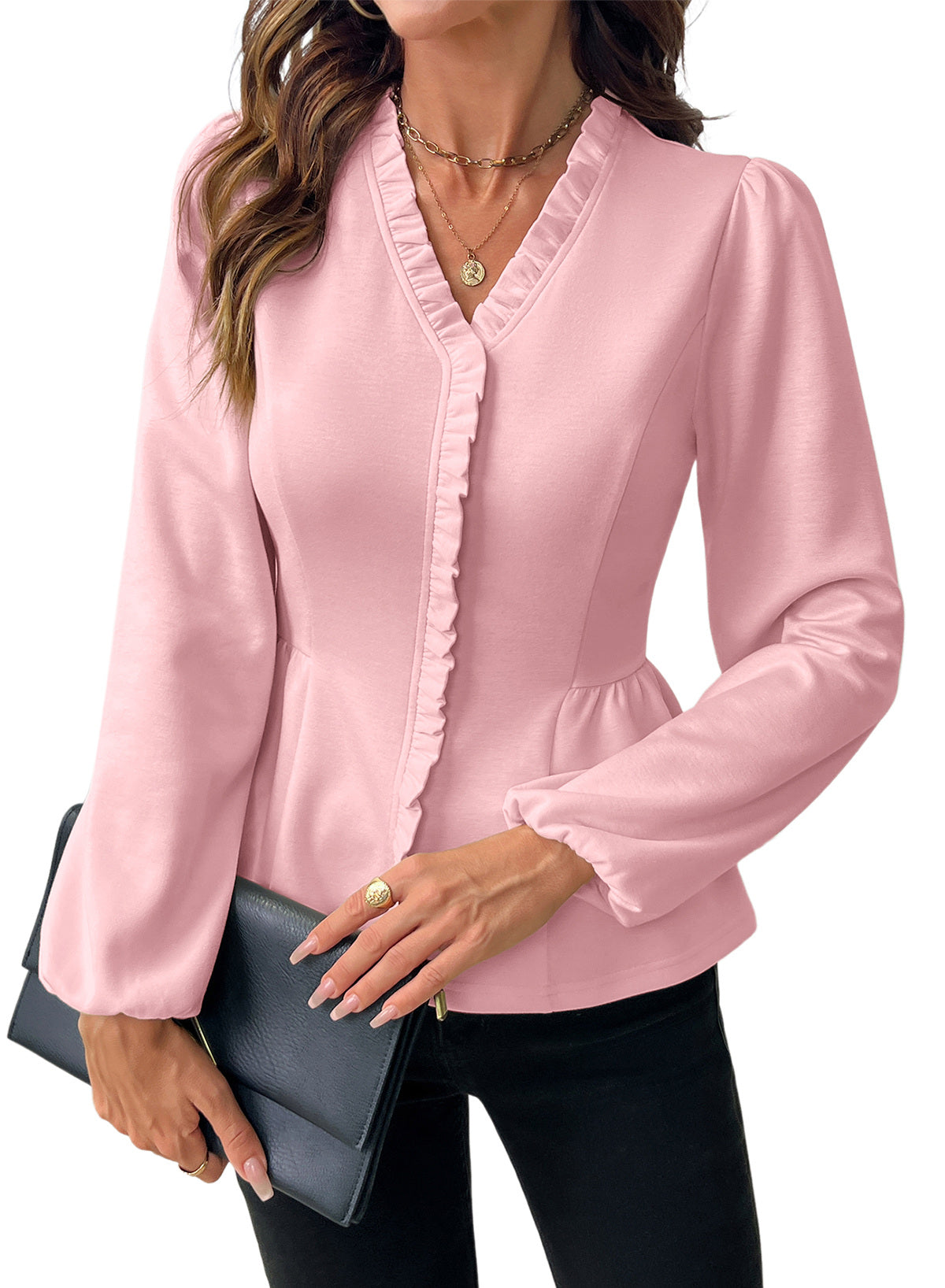Womens Tops Ruffle Trim V Neck Peplum Babydoll Long Sleeve Shirts