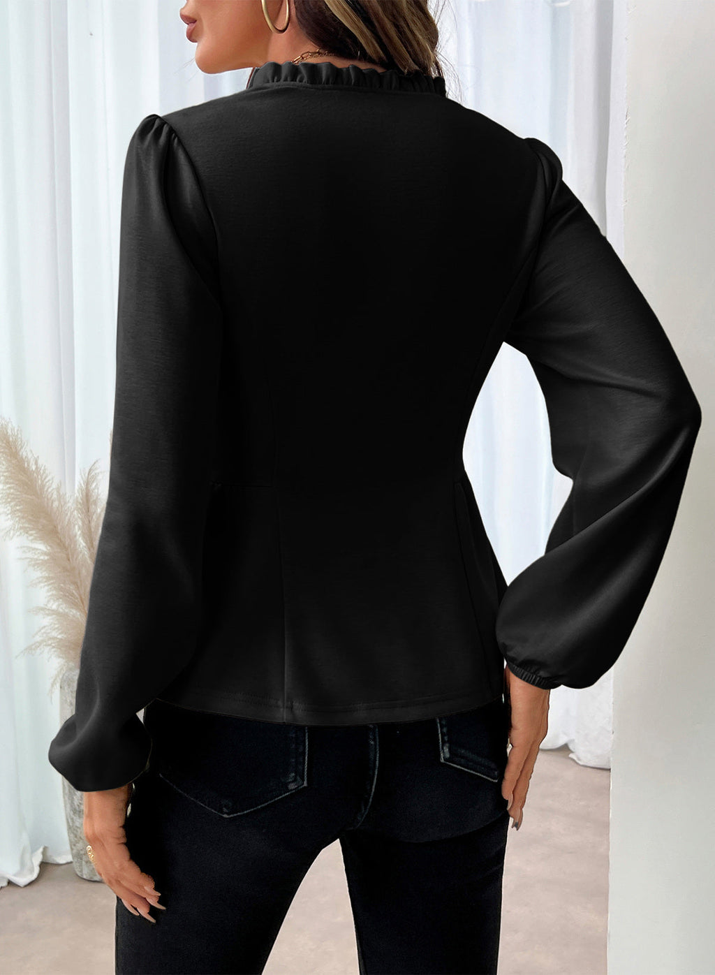 Womens Tops Ruffle Trim V Neck Peplum Babydoll Long Sleeve Shirts