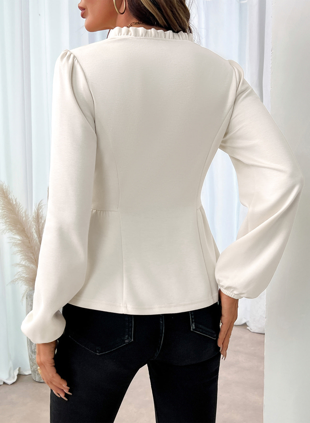 Womens Tops Ruffle Trim V Neck Peplum Babydoll Long Sleeve Shirts