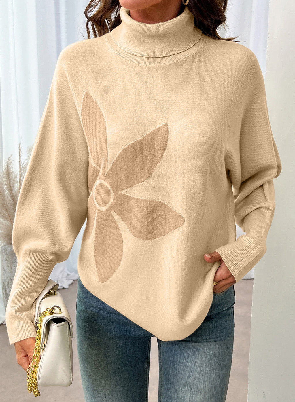 Dokotoo Sweaters for Women Oversized Turtleneck Floral Pullover Sweater