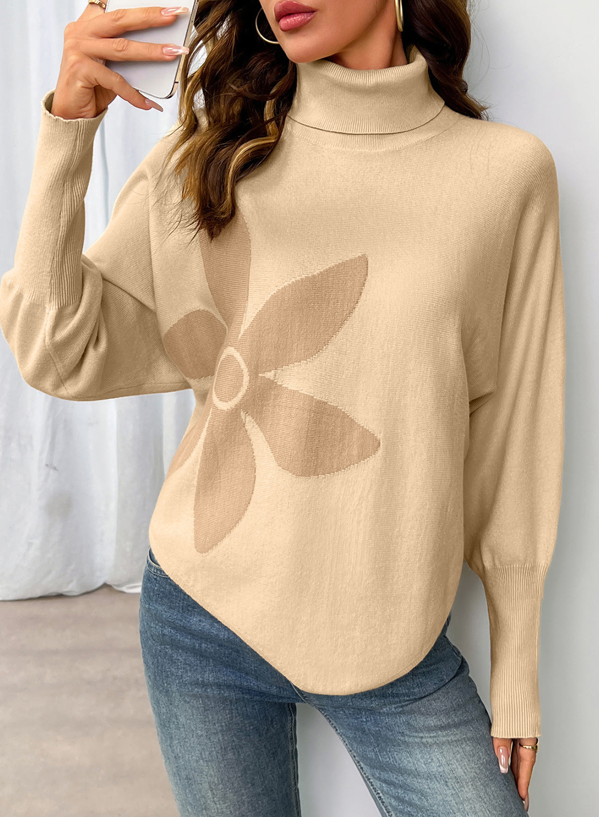 Dokotoo Sweaters for Women Oversized Turtleneck Floral Pullover Sweater