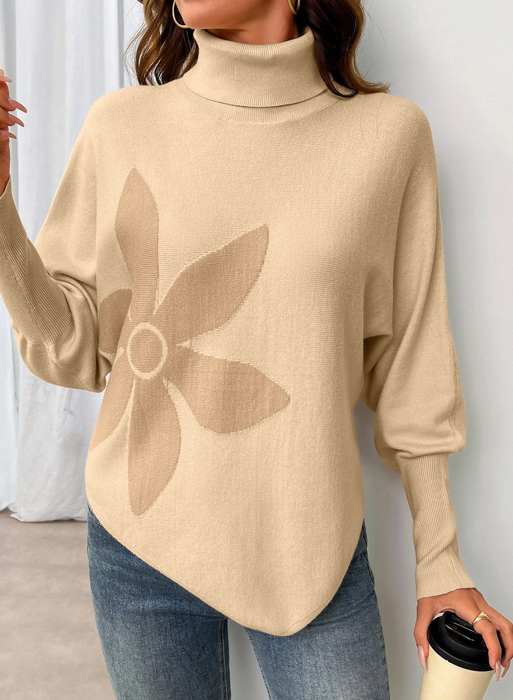 Dokotoo Sweaters for Women Oversized Turtleneck Floral Pullover Sweater