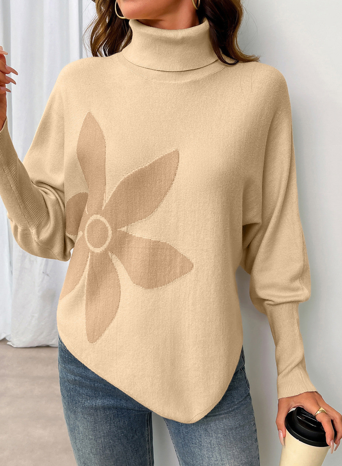 Dokotoo Sweaters for Women Oversized Turtleneck Floral Pullover Sweater
