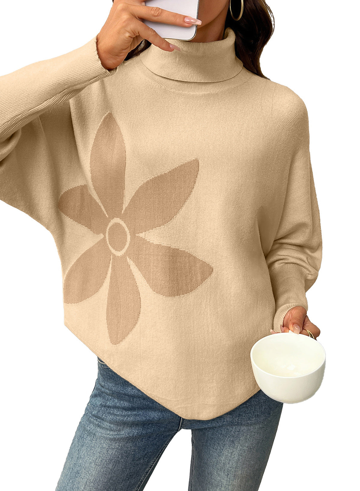 Dokotoo Sweaters for Women Oversized Turtleneck Floral Pullover Sweater