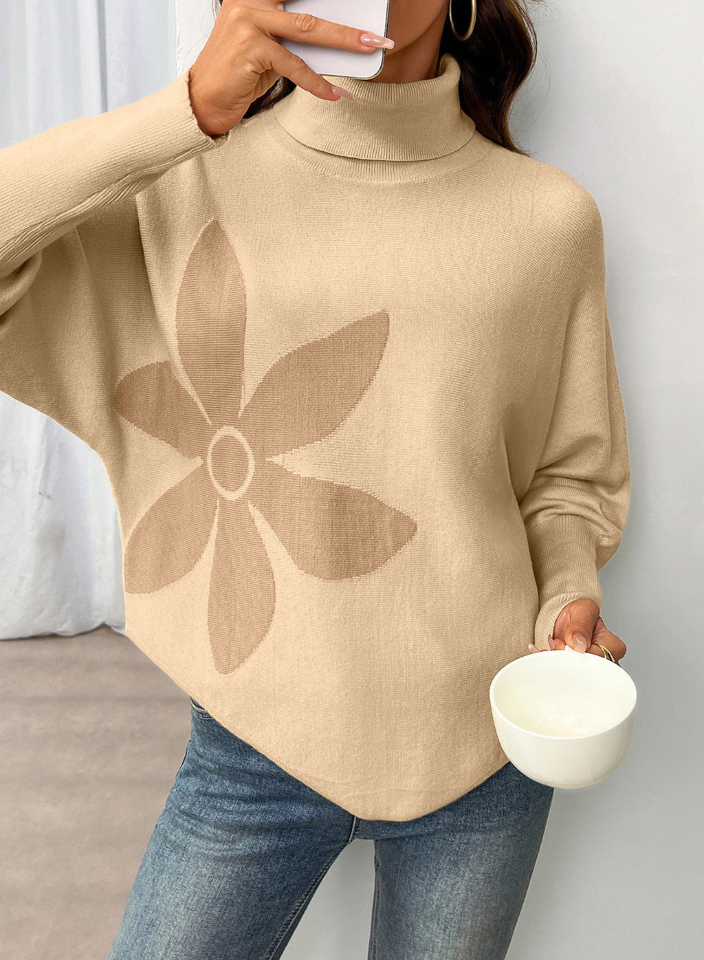 Dokotoo Sweaters for Women Oversized Turtleneck Floral Pullover Sweater