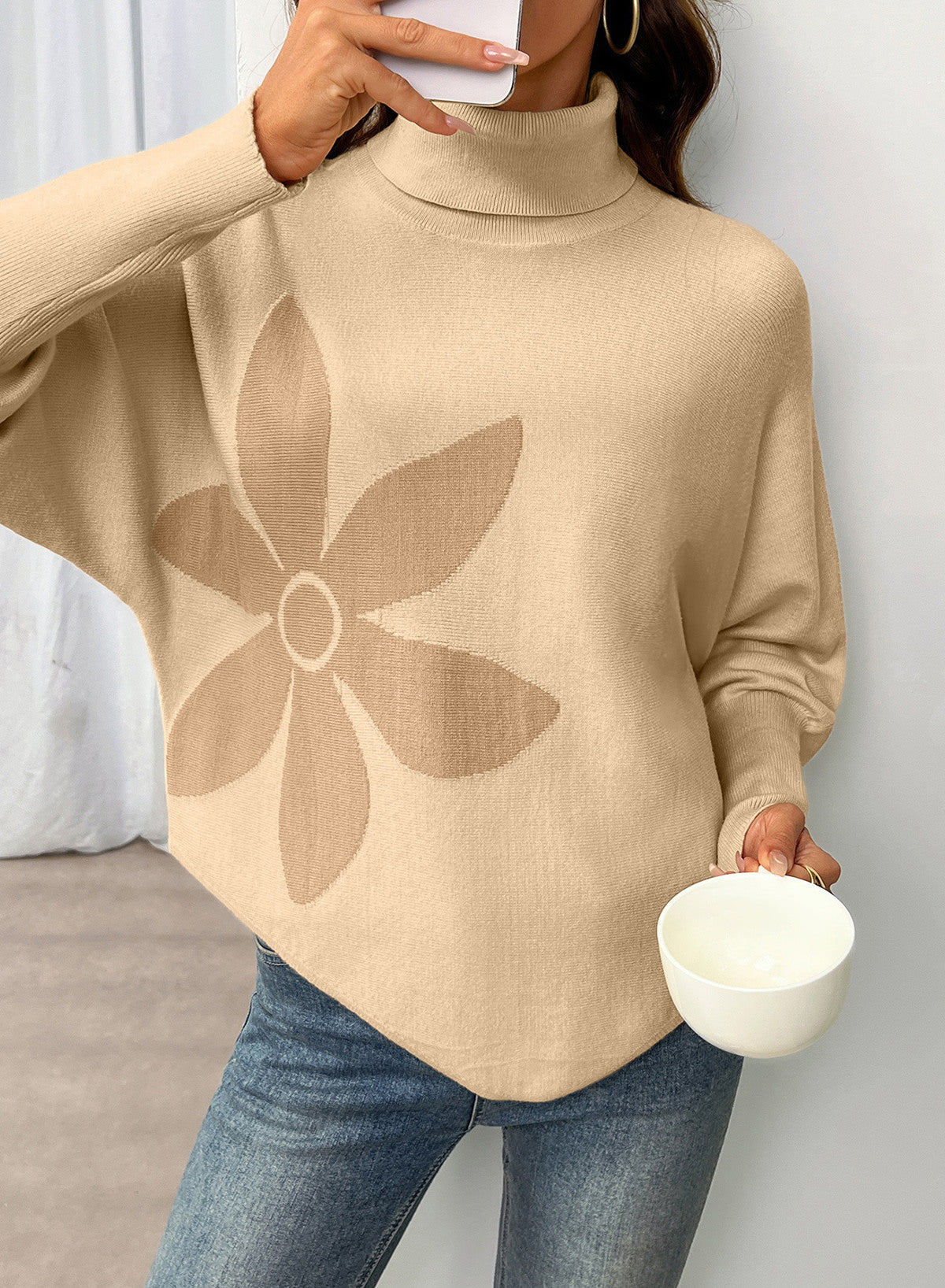 Dokotoo Sweaters for Women Oversized Turtleneck Floral Pullover Sweater