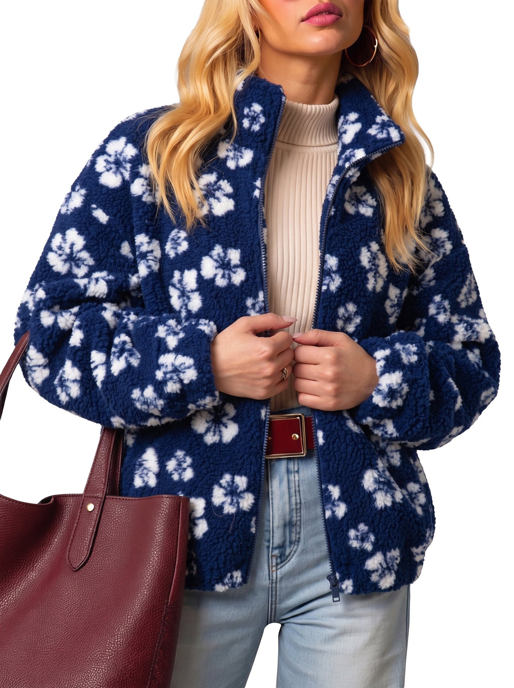Zip Front Floral Sherpa Fleece Jacket