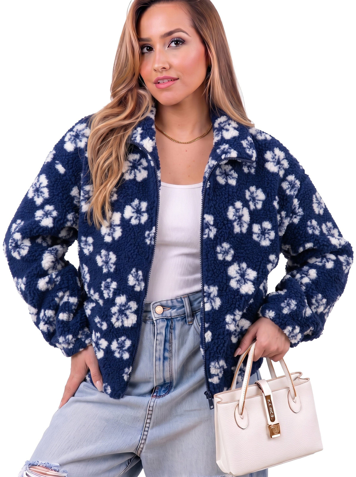 Zip Front Floral Sherpa Fleece Jacket