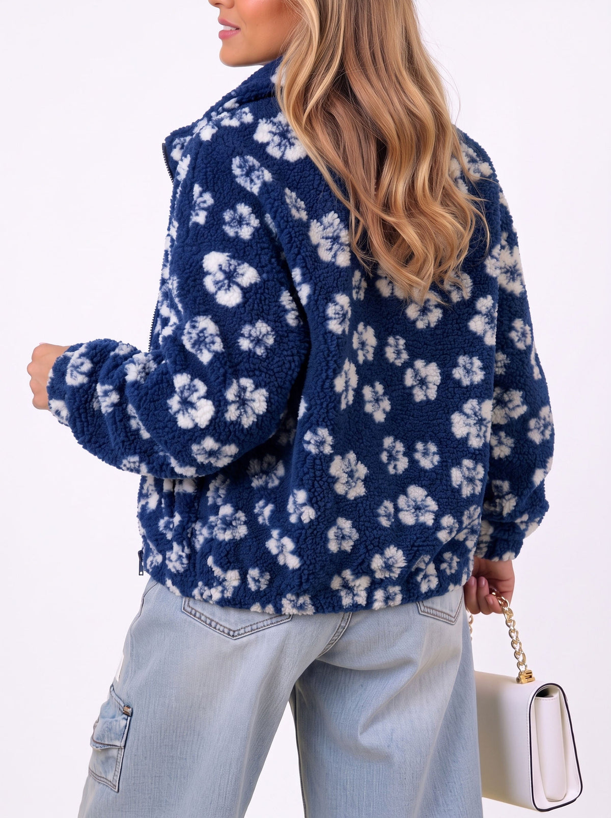 Zip Front Floral Sherpa Fleece Jacket