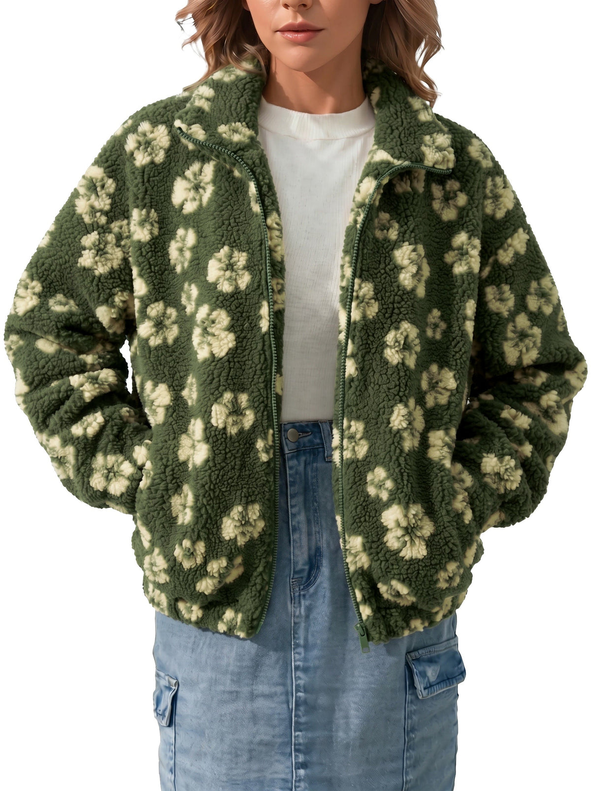 Zip Front Floral Sherpa Fleece Jacket