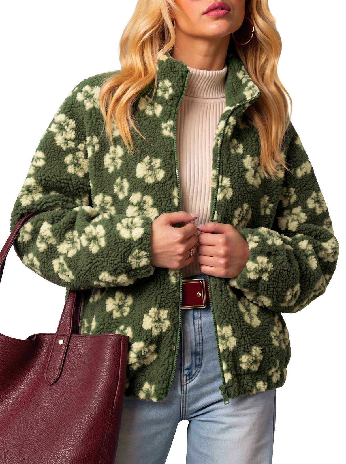 Zip Front Floral Sherpa Fleece Jacket