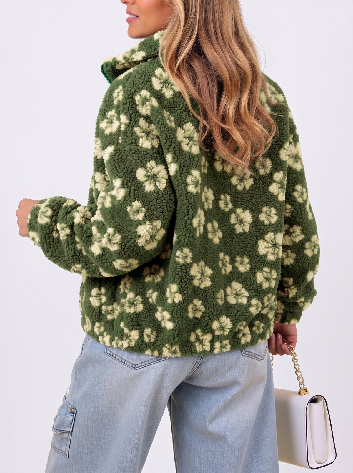 Zip Front Floral Sherpa Fleece Jacket