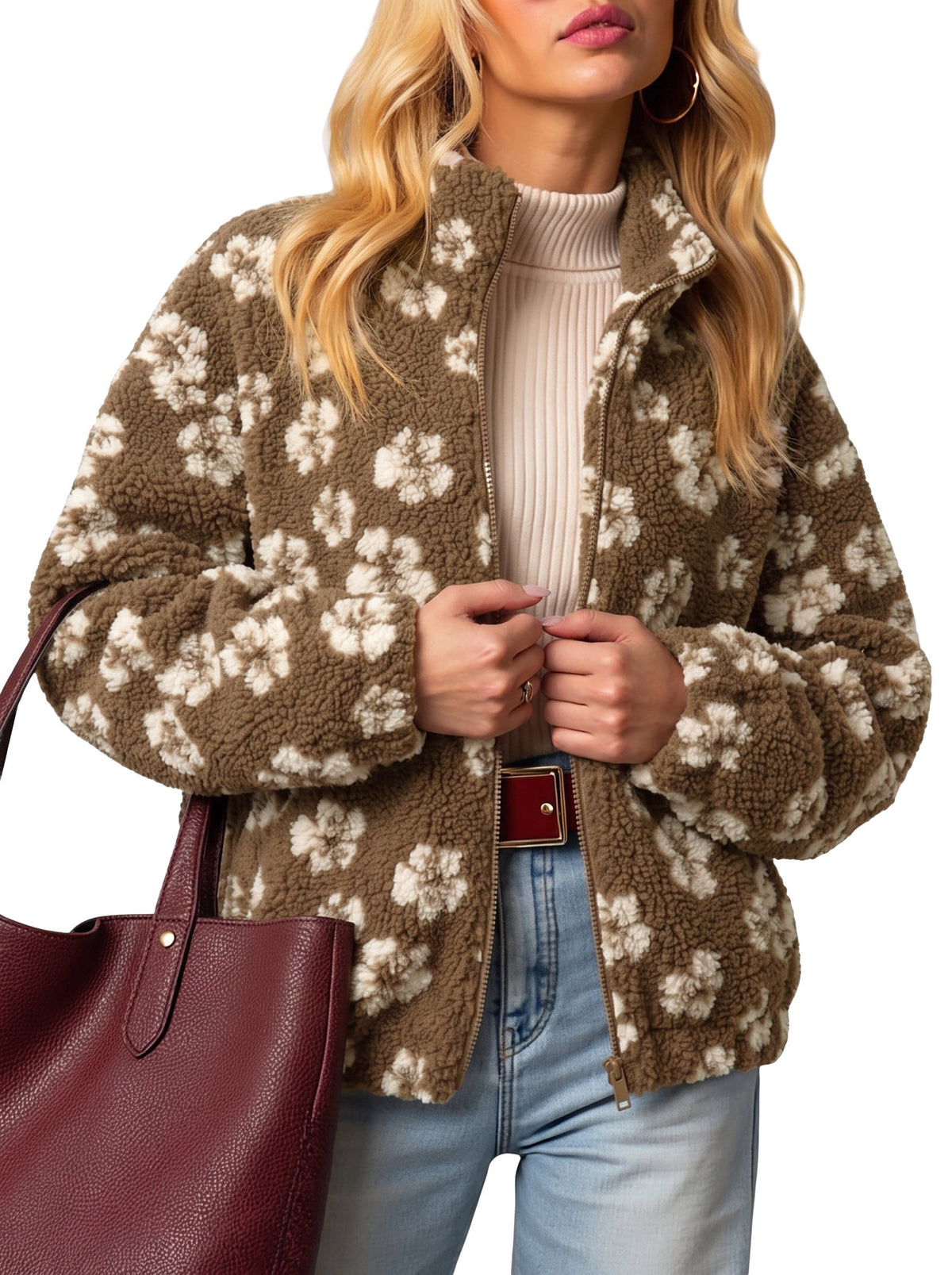 Zip Front Floral Sherpa Fleece Jacket
