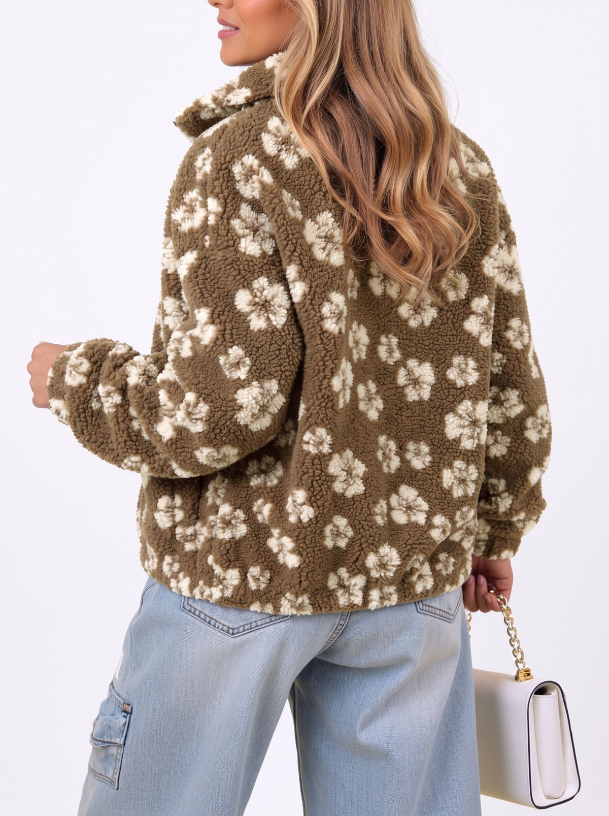Zip Front Floral Sherpa Fleece Jacket