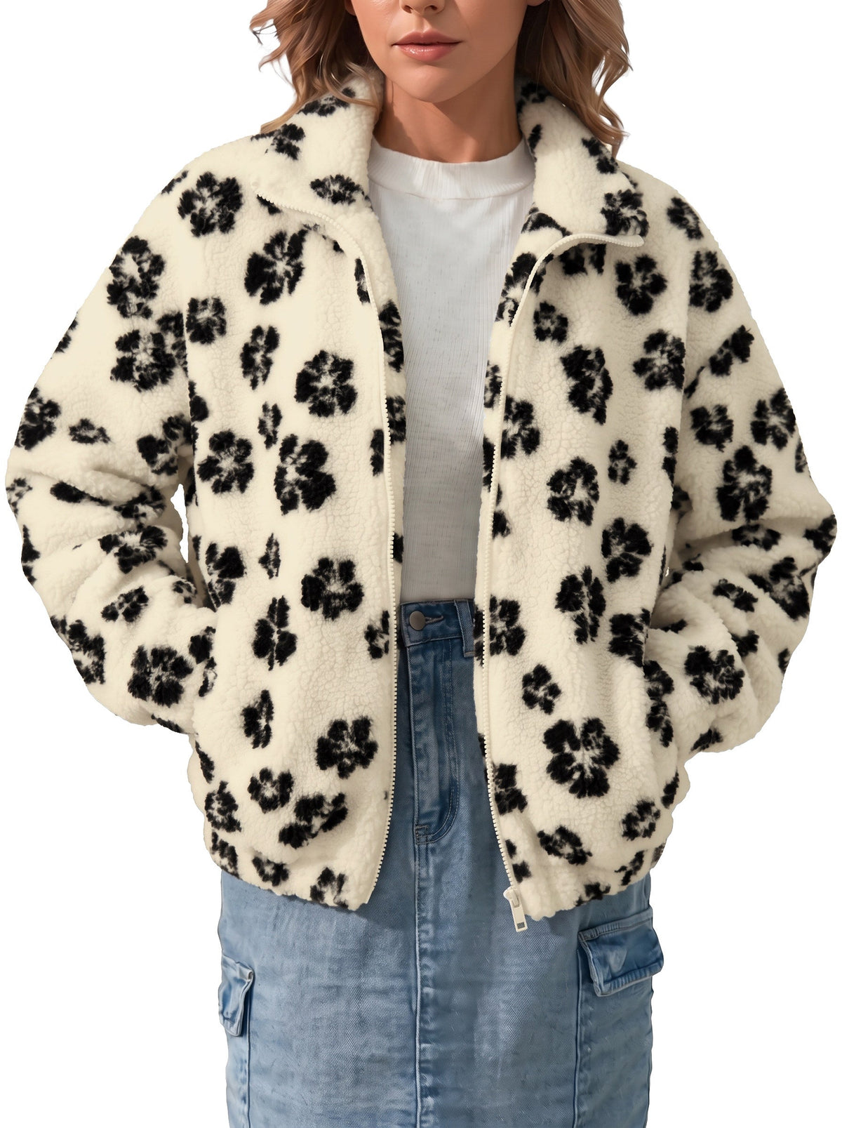 Zip Front Floral Sherpa Fleece Jacket