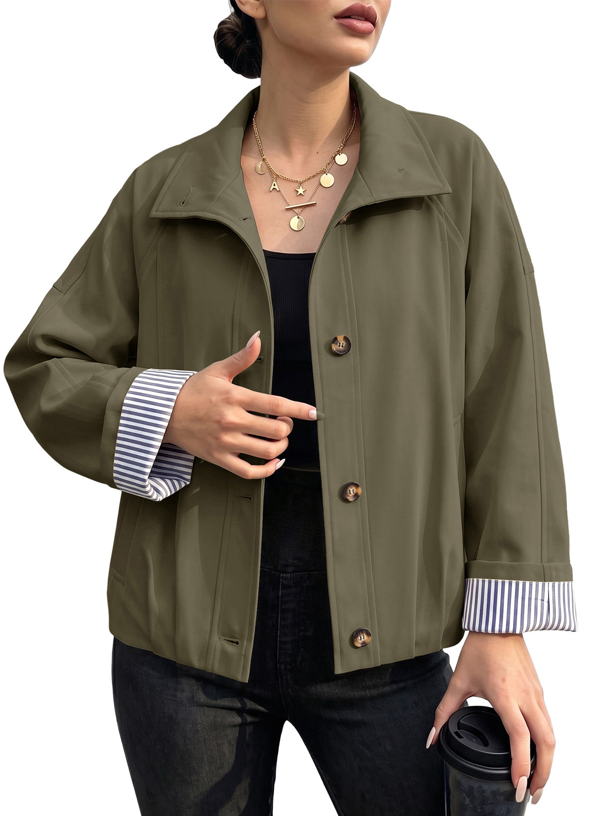 Dokotoo Womens Cropped Jacket Striped Lining Lightweight Casual Trench Coat