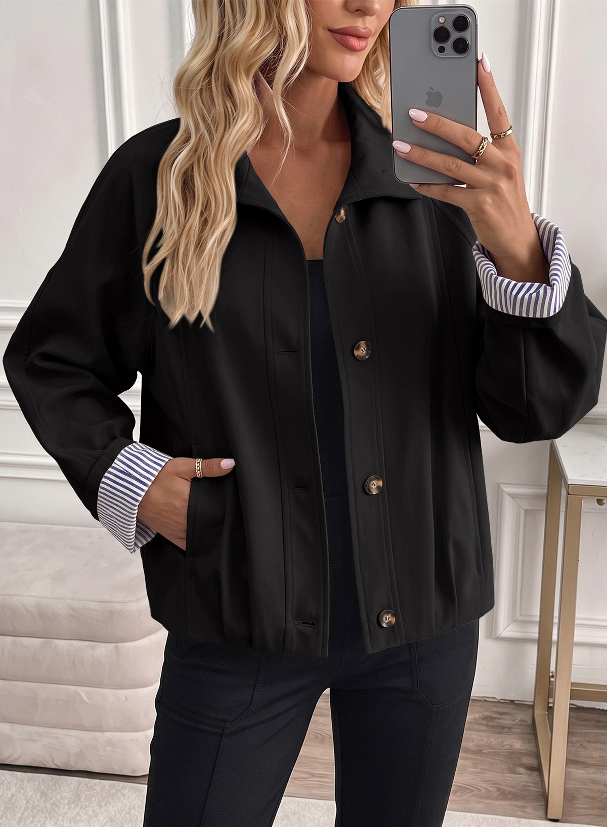 Dokotoo Womens Cropped Jacket Striped Lining Lightweight Casual Trench Coat