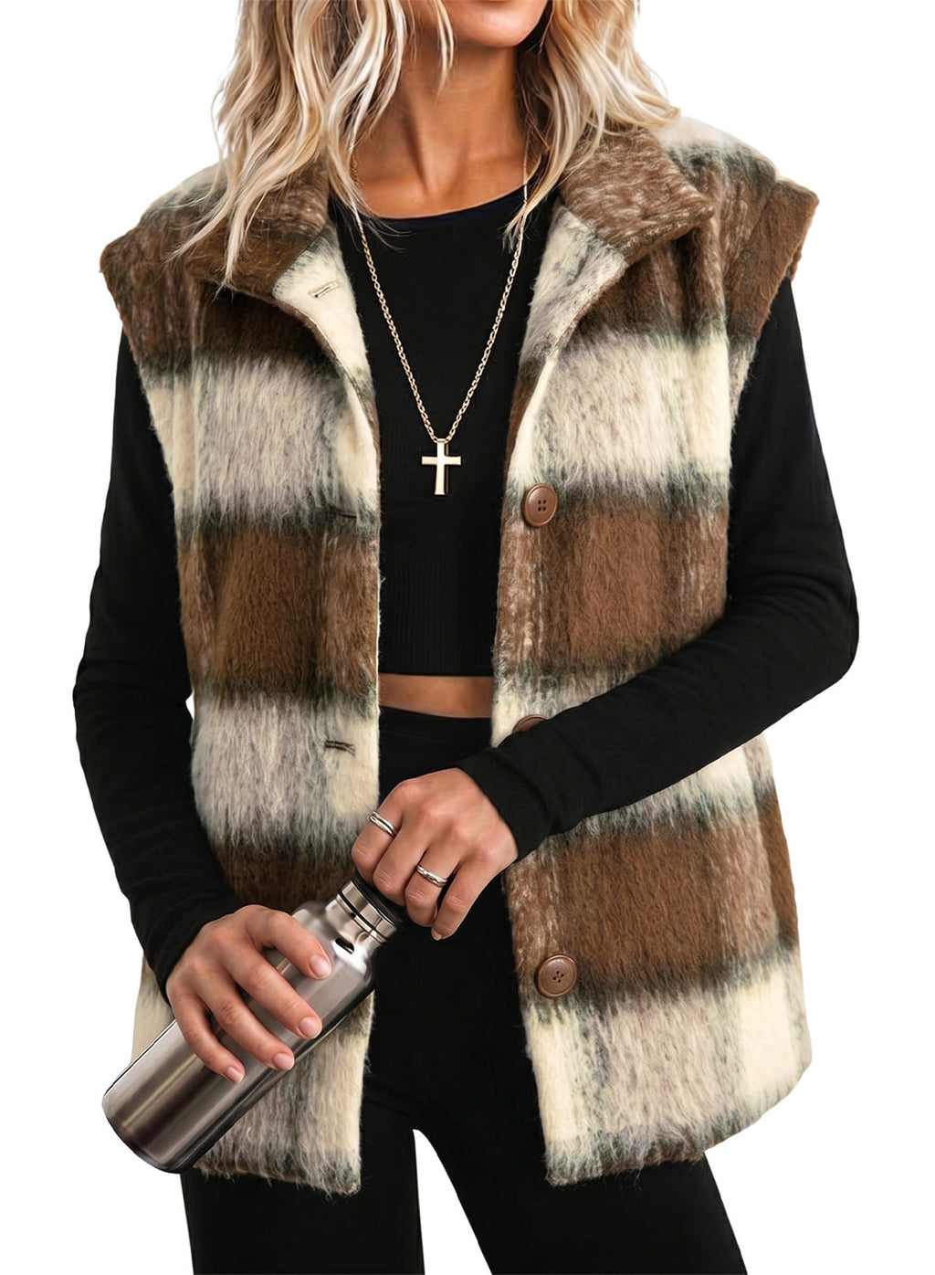 Dokotoo Oversized Plaid Vest Tops for Women Fleece Cap Sleeve Coats