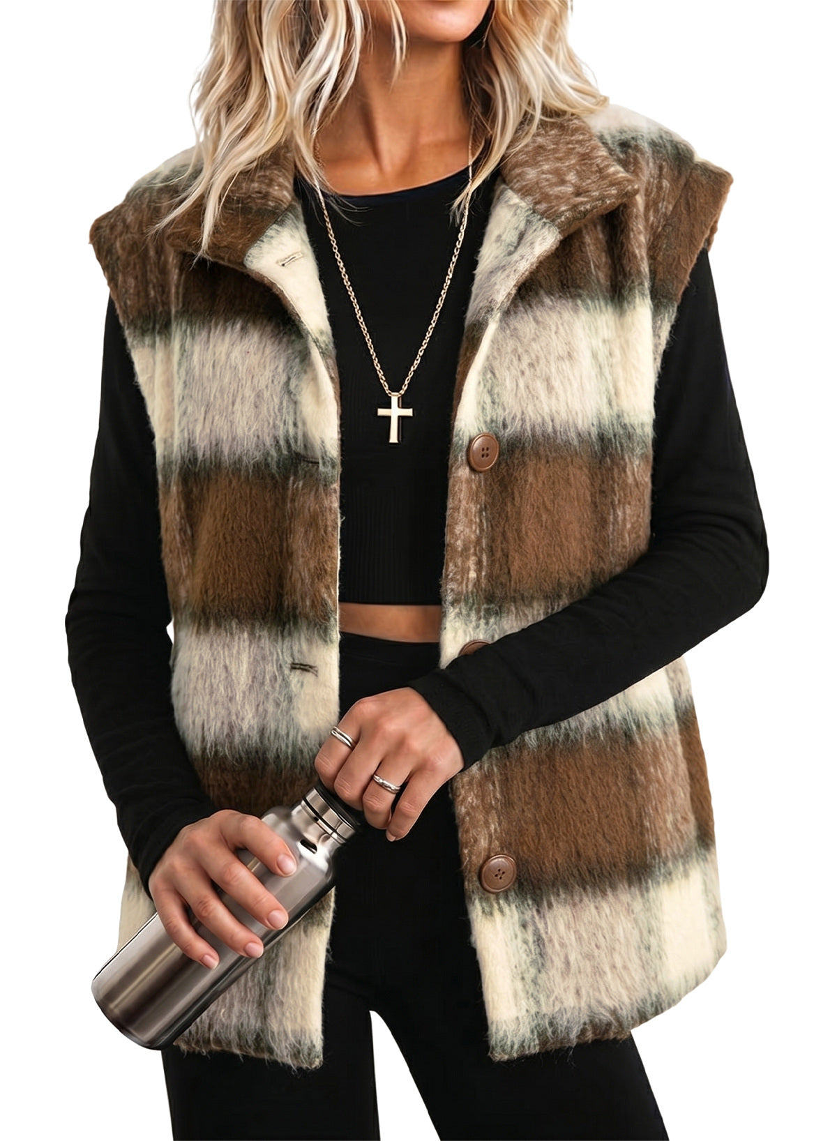 Dokotoo Oversized Plaid Vest Tops for Women Fleece Cap Sleeve Coats