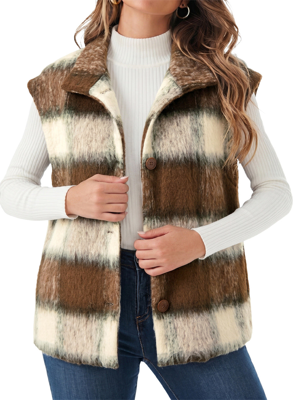 Dokotoo Oversized Plaid Vest Tops for Women Fleece Cap Sleeve Coats