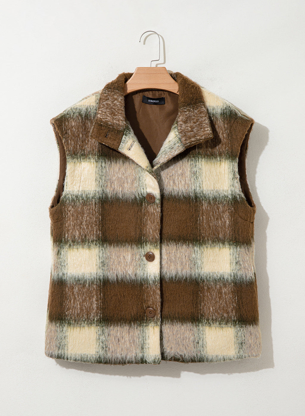 Dokotoo Oversized Plaid Vest Tops for Women Fleece Cap Sleeve Coats