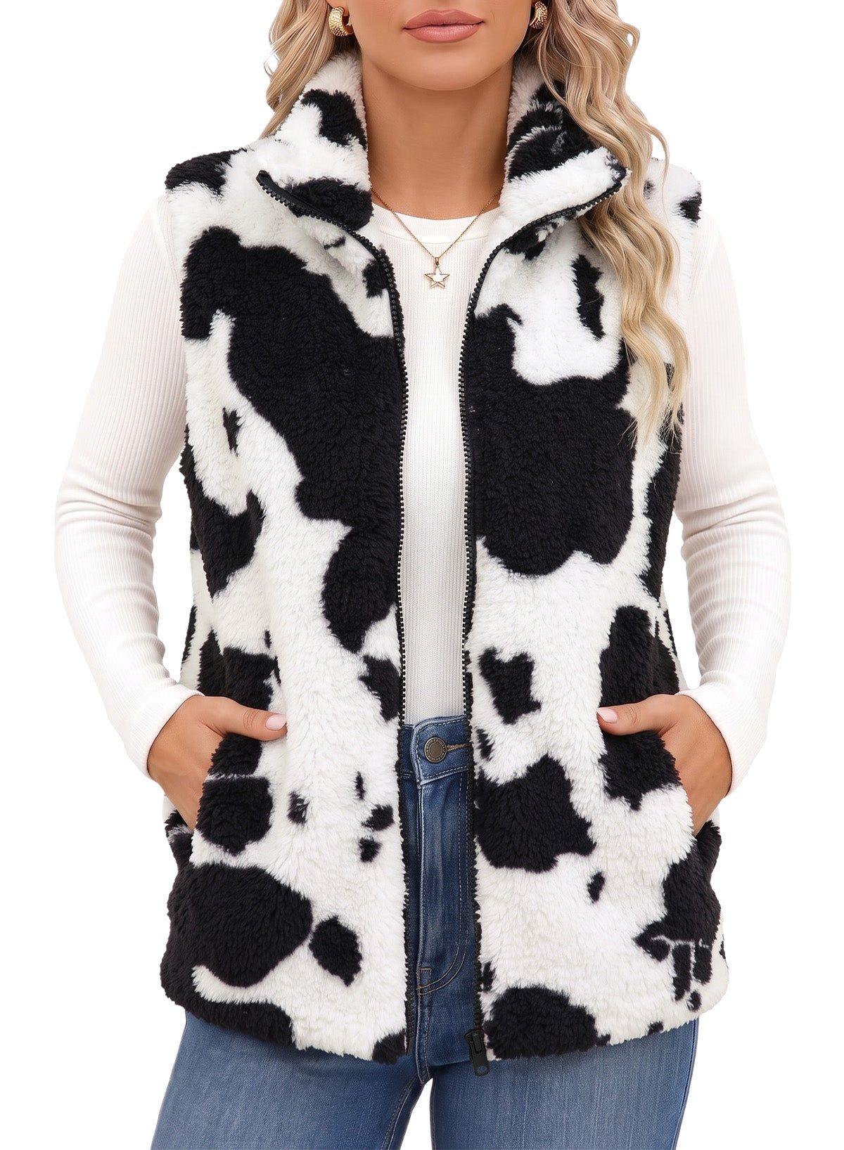 Dokotoo Womens Fleece Vest Zip Up Cow Print Sherpa Sleeveless Jacket