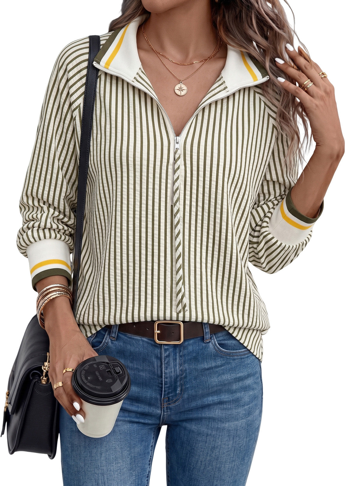 Dokotoo Women's 3/4 Sleeve Tops Striped Half Zip 2026 Fall Shirts Blouses