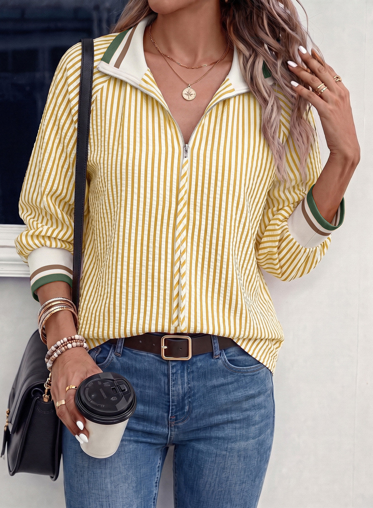 Dokotoo Women's 3/4 Sleeve Tops Striped Half Zip 2026 Fall Shirts Blouses